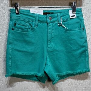 Judy Blue Women's Small Seafoam Green Mid Rise Frayed Hem Jean‎ Shorts NWT